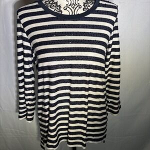 French Dressing Jeans Sequined Striped 3/4 Sleeve Top Sz Medium